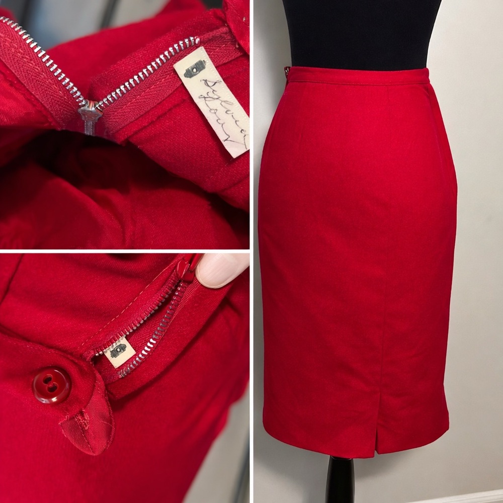 Vintage Red Wool Pencil Skirt 1950s XS